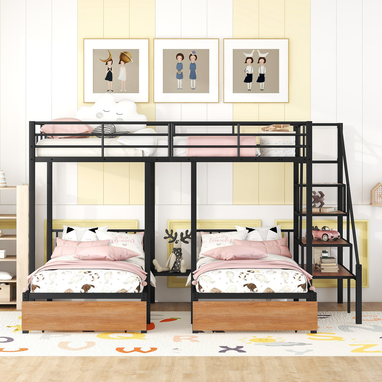 Full over Twin-Twin Triple bunk bed with drawers and staircase, Black