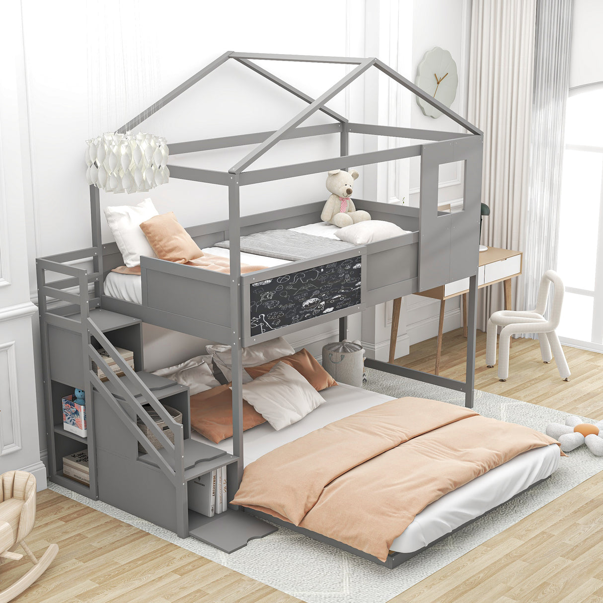 Twin over Full House Bunk Bed with Storage Staircase and Blackboard,Grey - Home Elegance USA