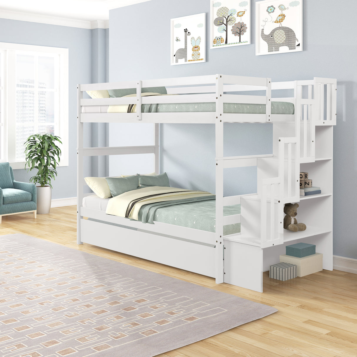 Bunk Beds Twin over Twin Stairway Storage function White color - Home Elegance USA