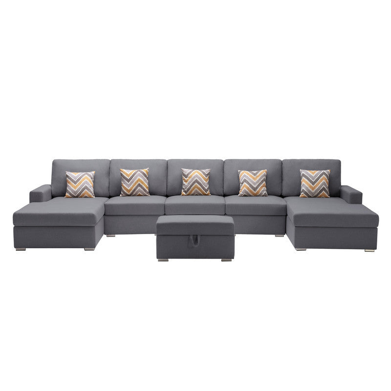 Nolan Gray Linen Fabric 6Pc Double Chaise Sectional Sofa with Interchangeable Legs, Storage Ottoman, and Pillows - Home Elegance USA