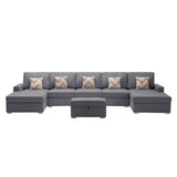 Nolan Gray Linen Fabric 6Pc Double Chaise Sectional Sofa with Interchangeable Legs, Storage Ottoman, and Pillows - Home Elegance USA