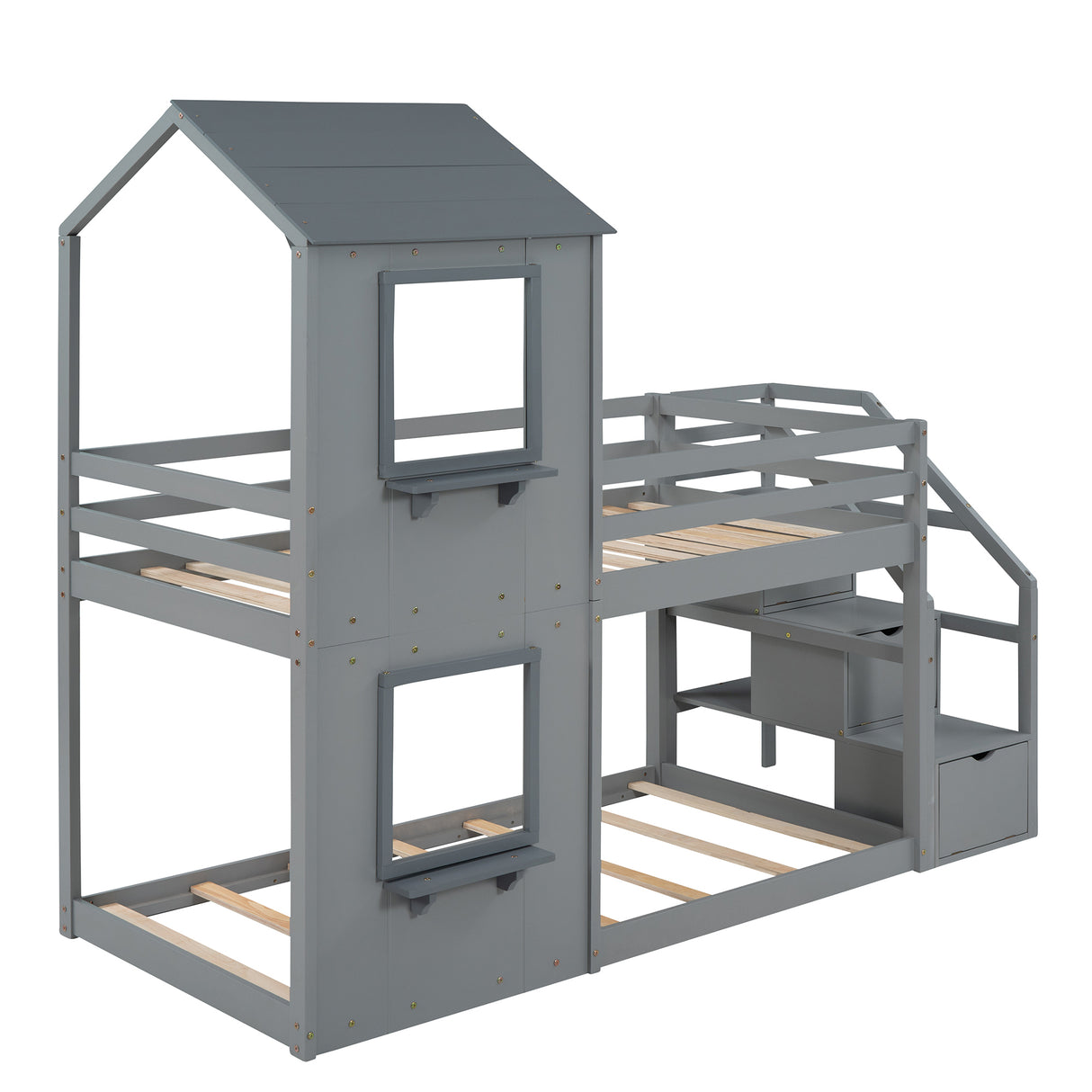 Twin Over Twin Bunk Bed with Storage Stairs,Wood Bed with Roof, Window, Guardrail, Ladder，Gray