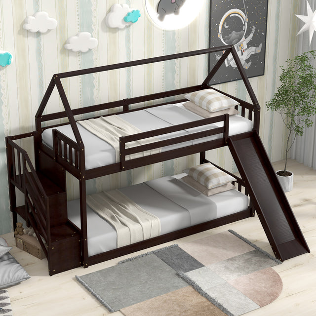 Twin over Twin House Bunk Bed with Slide and Storage Staircase,Espresso - Home Elegance USA