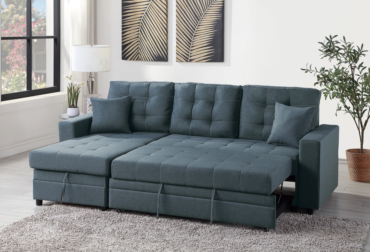 Blue Grey Convertible Sectional Pull Out Bed Sofa Chaise Reversible Storage Chaise Polyfiber Tufted Couch Lounge | Home Elegance USA