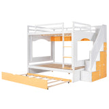 Full Over Full Bunk Bed with Trundle ,Stairs,Ladders Solid Wood Bunk bed with Storage Cabinet （White + Yellow） - Home Elegance USA