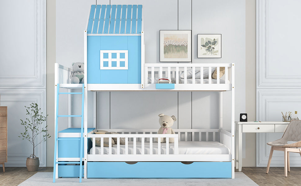 Full over Full Bunk Bed with Twin Size Trundle , Farmhouse Bed with Storage Box and Drawer - Blue - Home Elegance USA