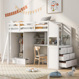 Twin Size Loft Bed with Wardrobe and Drawers, attached Desk with Shelves, White - Home Elegance USA