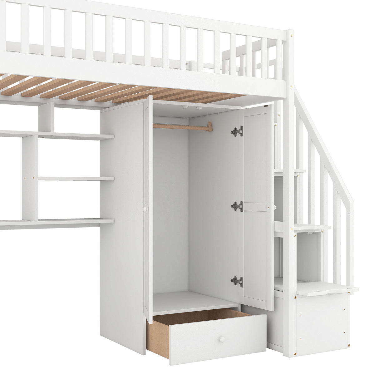 Twin size Loft Bed with Bookshelf,Drawers,Desk,and Wardrobe-White - Home Elegance USA