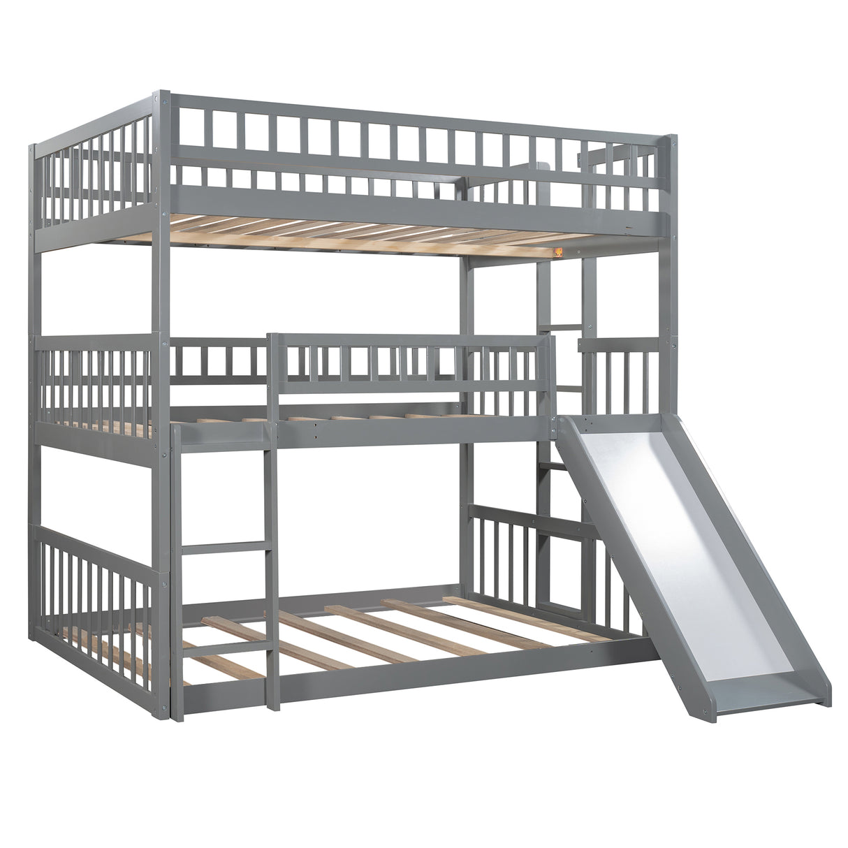 Full-Over-Full-Over-Full Triple Bed with Built-in Ladder and Slide , Triple Bunk Bed with Guardrails, Gray(OLD SKU :LP000052AAE) - Home Elegance USA