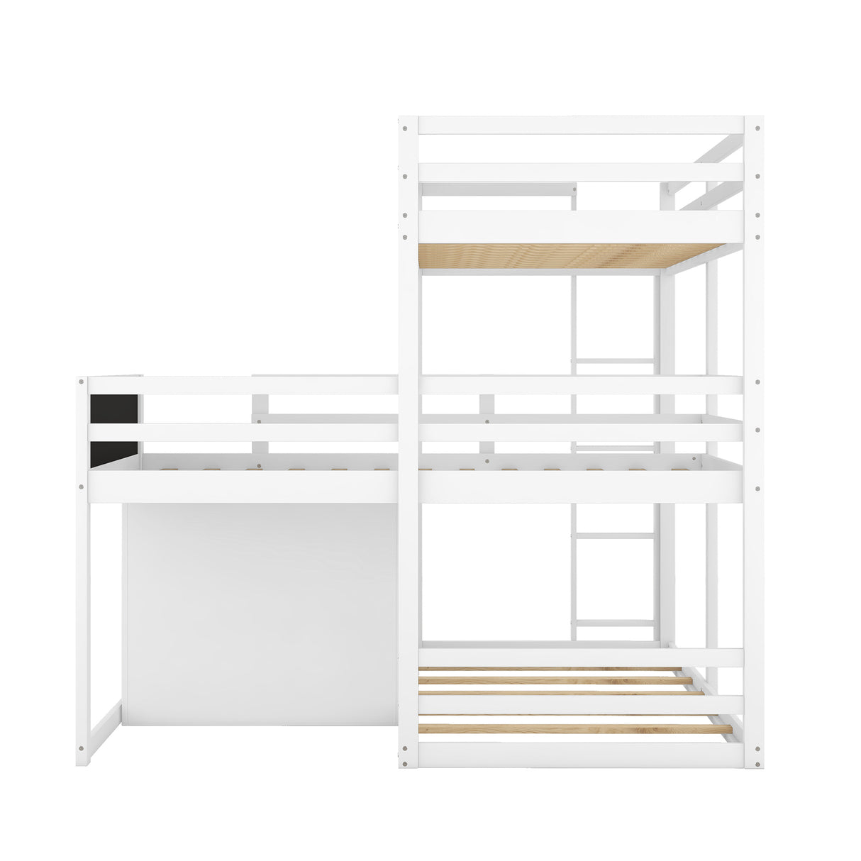 L-shaped Wood Triple Twin Size Bunk Bed with Storage Cabinet and Blackboard, Ladder, White - Home Elegance USA