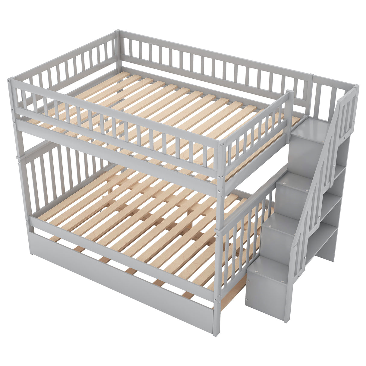 Full over Full Bunk Bed with Trundle and Staircase,Gray - Home Elegance USA