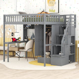 Full size Loft Bed with Bookshelf,Drawers,Desk,and Wardrobe-Gray - Home Elegance USA