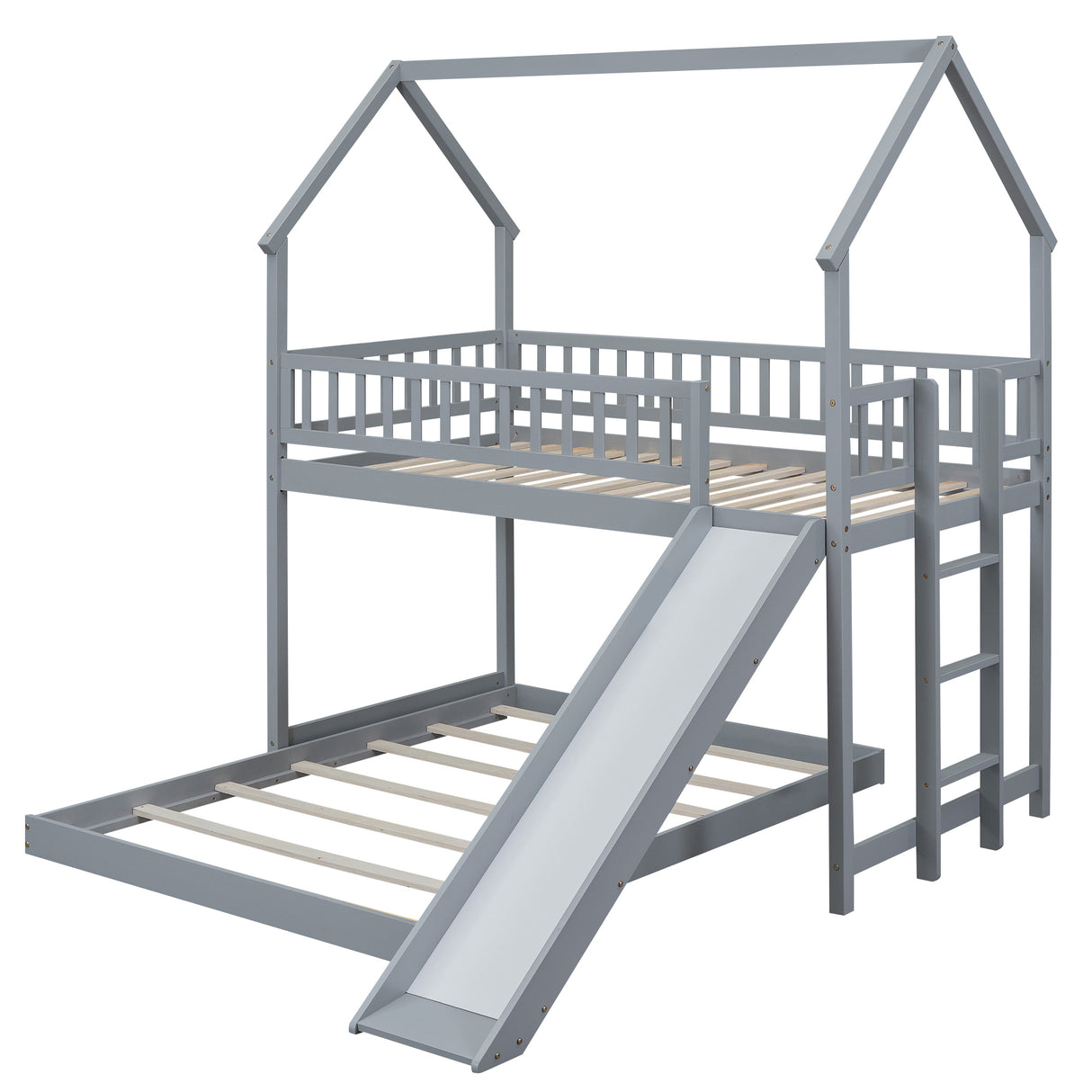 Twin over Full House Bunk Bed with Slide and Built-in Ladder, Full-Length Guardrail, Gray (Expected Arrival Time:8.10) - Home Elegance USA