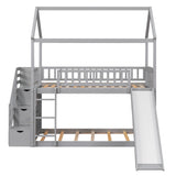 Twin Over Twin Bunk Bed with Drawers and Slide, House Bed with Slide,Gray(OLD SKU :LT000215AAE) - Home Elegance USA