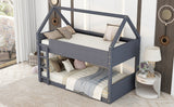 Twin Size Upholstery House Bunk Bed with Headboard and Footboard,Grey - Home Elegance USA