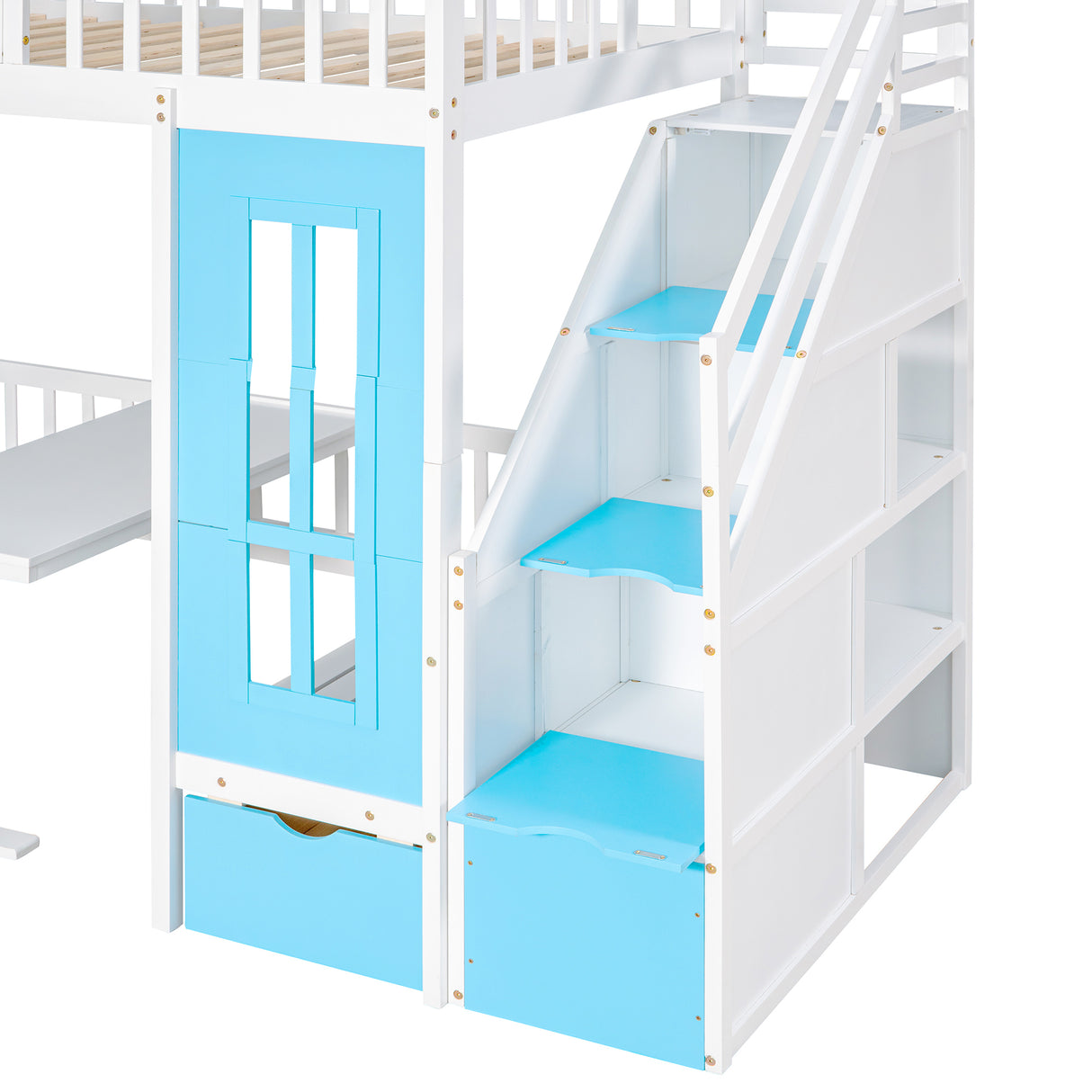 Twin-Over-Twin Bunk Bed with Changeable Table , Bunk Bed  Turn into Upper Bed and Down Desk with 2 Drawers - Blue - Home Elegance USA