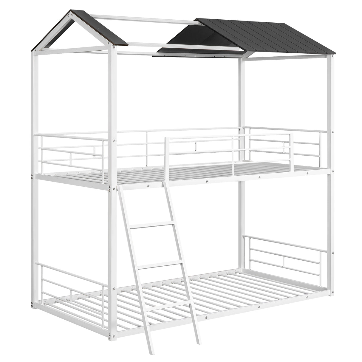 Twin Over Twin Bunk Bed Metal Bed with Half Roof, Guardrail and Ladder White - Home Elegance USA