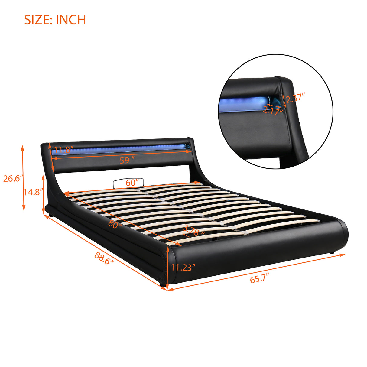 Upholstered Faux Leather Platform bed with a Hydraulic Storage System with LED Light Headboard Bed Frame with Slatted Queen Size