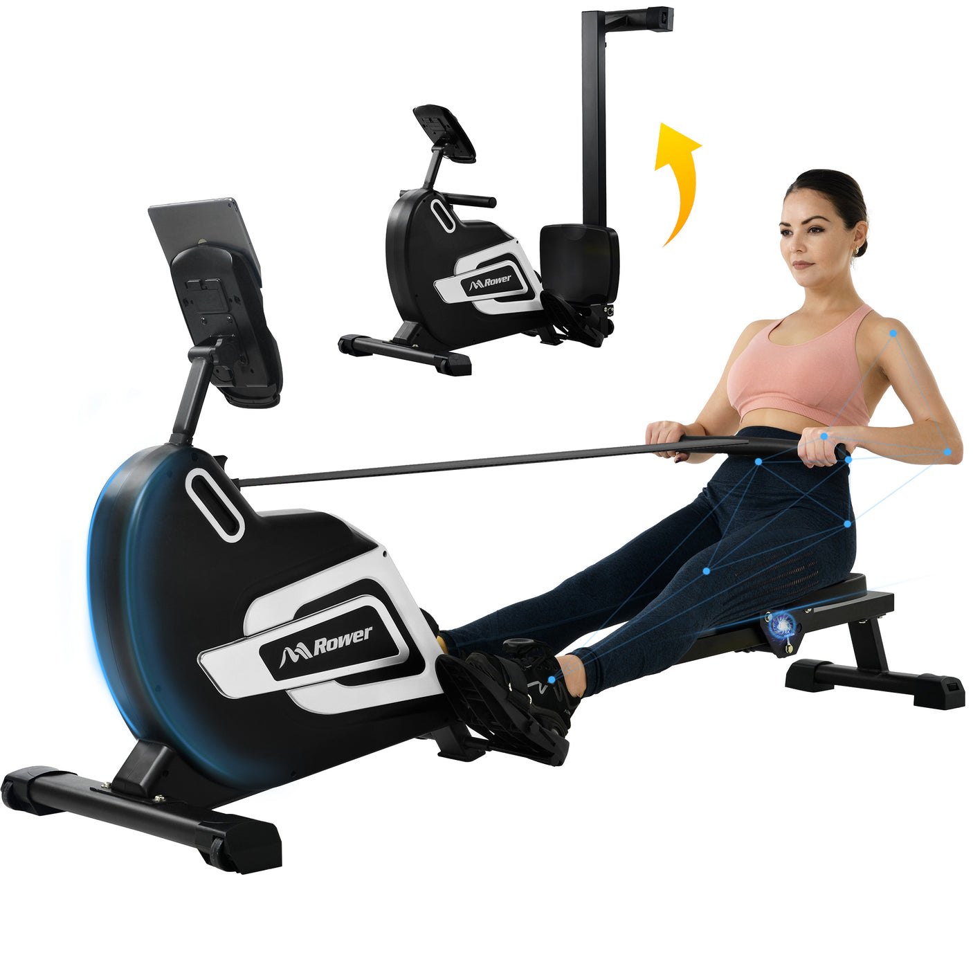 Magnetic Rowing Machine Folding Rower with 14 Level Resistance Adjustable, LCD Monitor and Tablet Holder for Foldable Rower Home Gym Cardio Workout