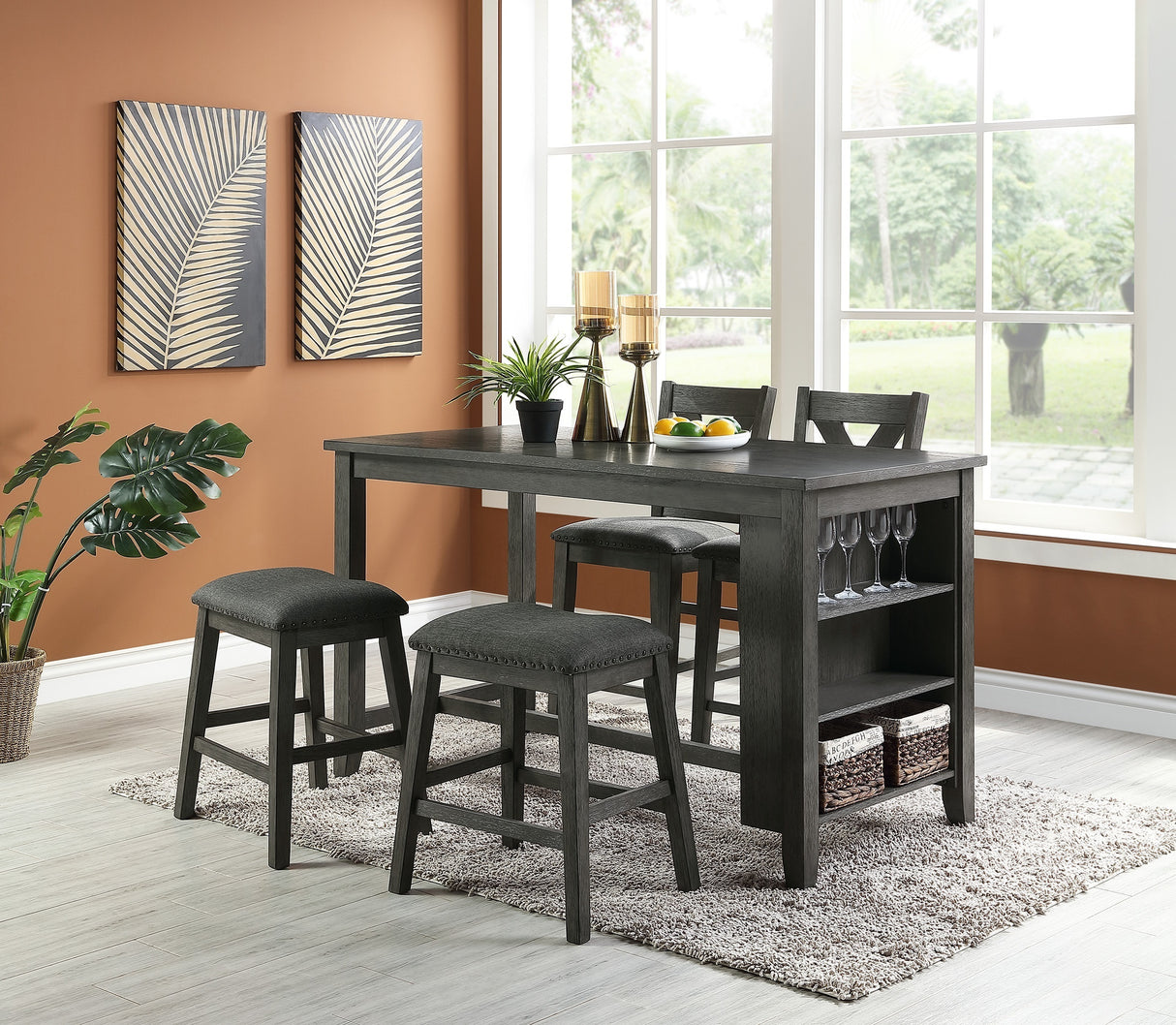 Modern Dark Brown Finish 5pc Counter Height High Dining Table w Storage Shelves High Chairs And Stools Wooden Kitchen Breakfast Table Dining Room Furniture - Home Elegance USA