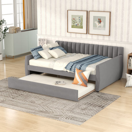 Full Size Upholstered daybed with Trundle and Wood Slat Support, Gray Home Elegance USA