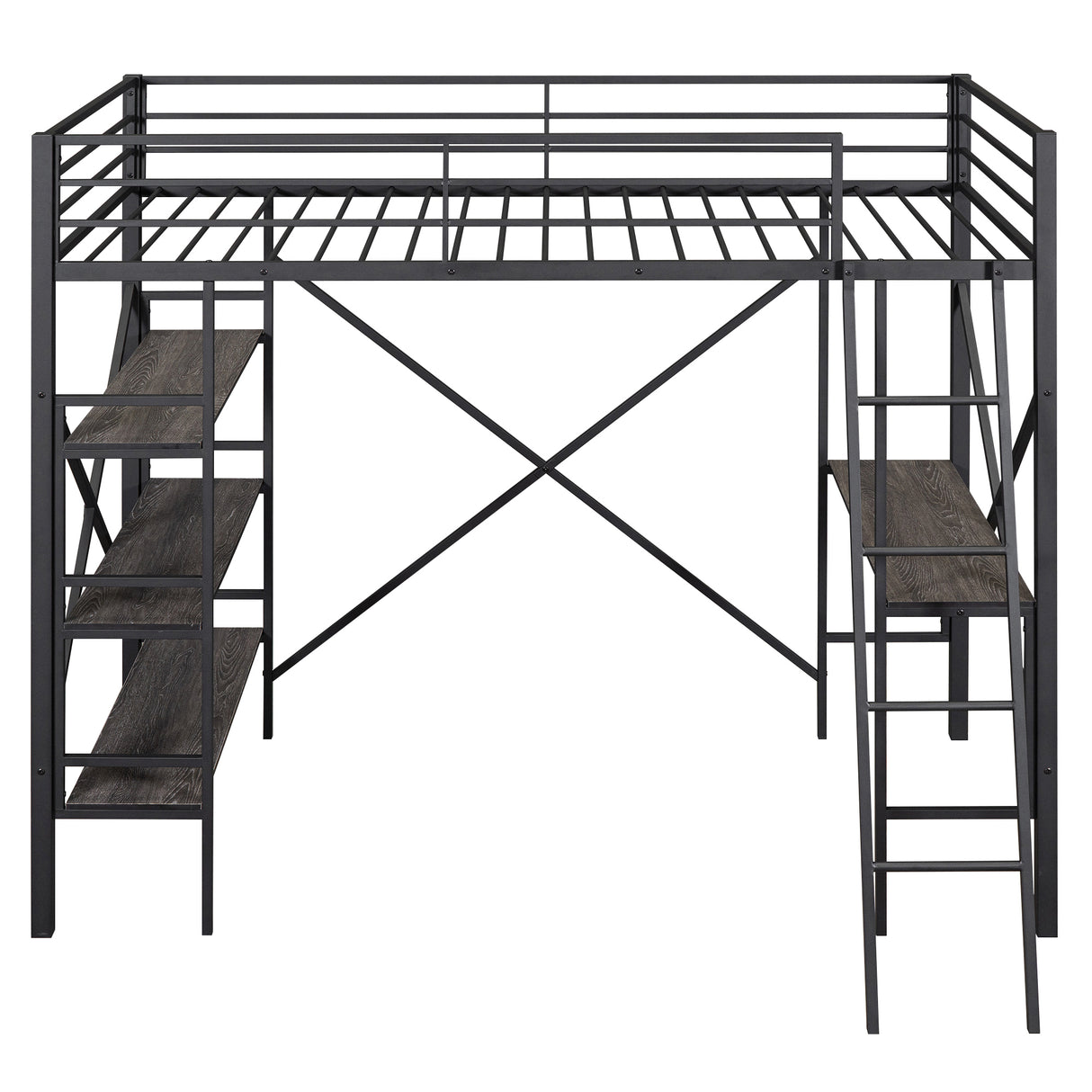 Twin Size Metal Loft Bed with Shelves and Desk, Black (Old SKU:SM001102AAB) - Home Elegance USA