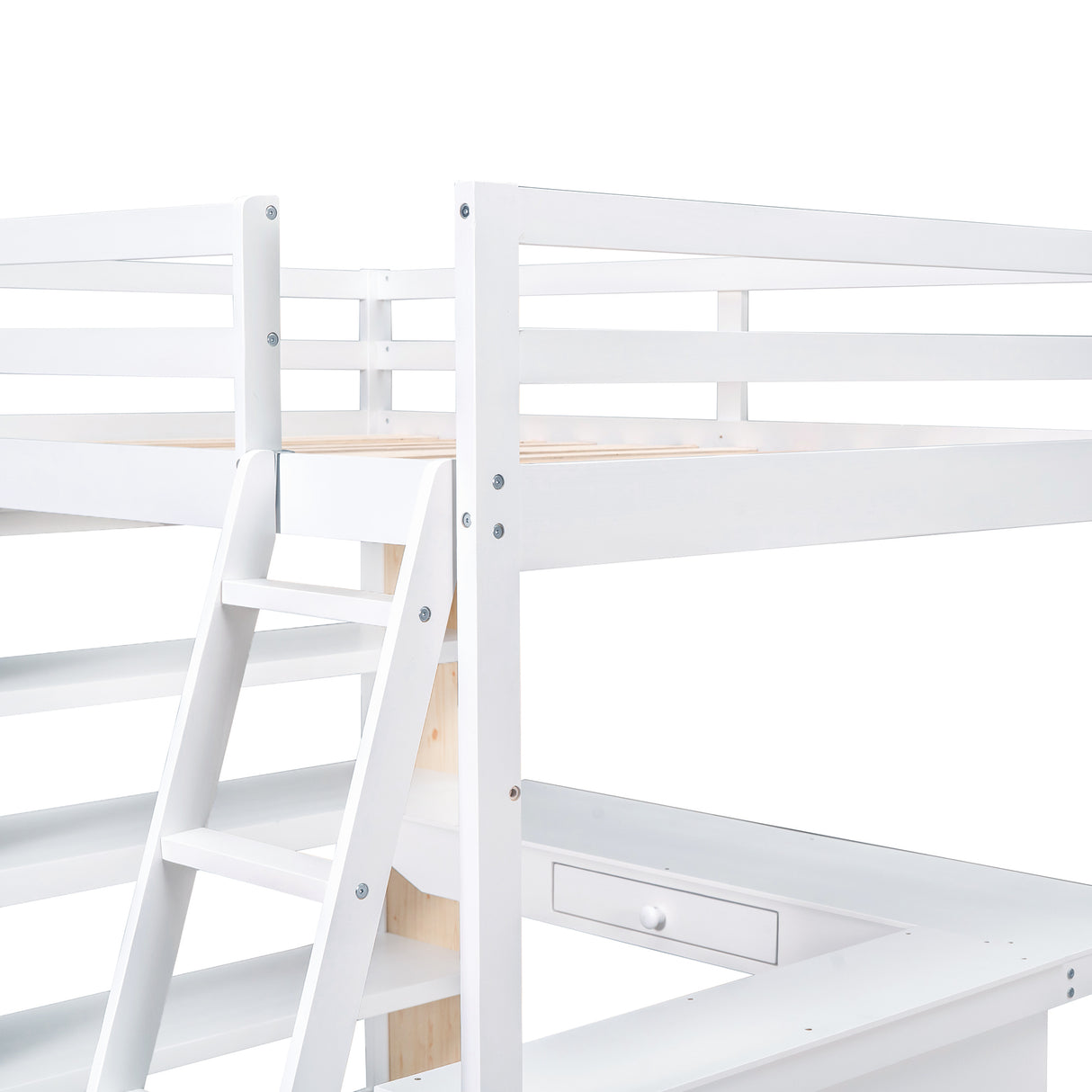 Full Size Loft Bed with Ladder, Shelves, and Desk, White - Home Elegance USA