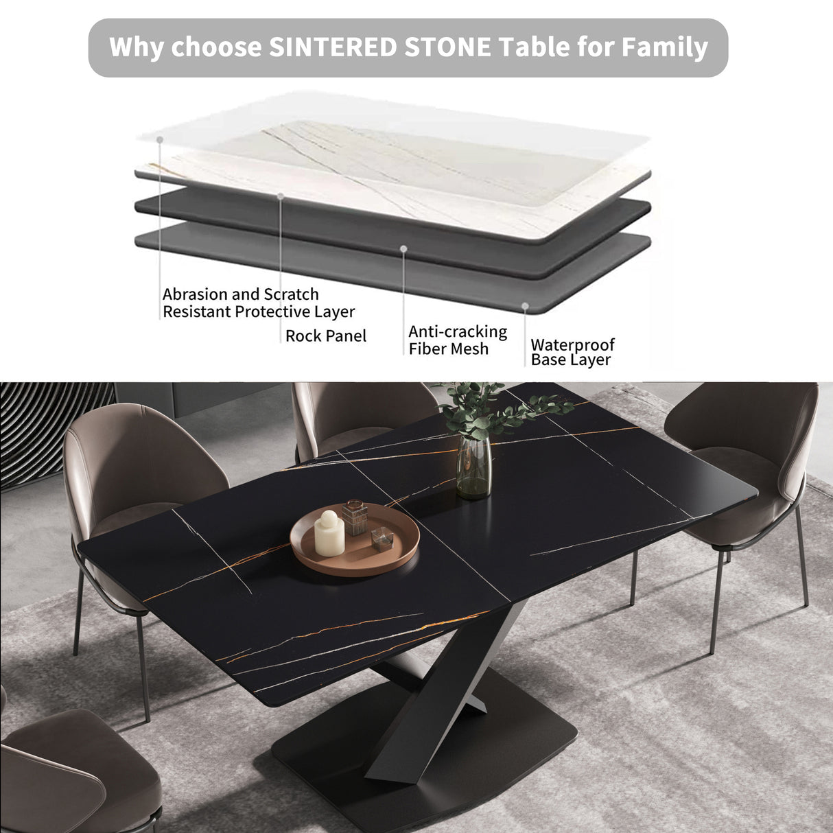 70.87" modern artificial stone black straight edge black metal leg dining table-can accommodate 6-8 people - Home Elegance USA