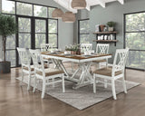 Modern Style White and Oak Finish 7pc Dining Set Table w Extension Leaf 6x Side Chairs Upholstered Seat Charming Traditional Dining Room Furniture - Home Elegance USA