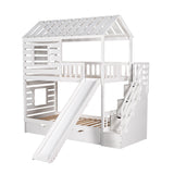 Twin over Twin House Bunk Bed with Trundle and Slide, Storage Staircase,Roof and Window Design, White - Home Elegance USA