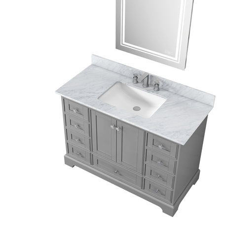 48" Gray Solid Wood Bathroom Vanity Set with Carrara White Natural Marble, CUPC Ceramic Sink and Three Hole Faucet Hole with Backsplash