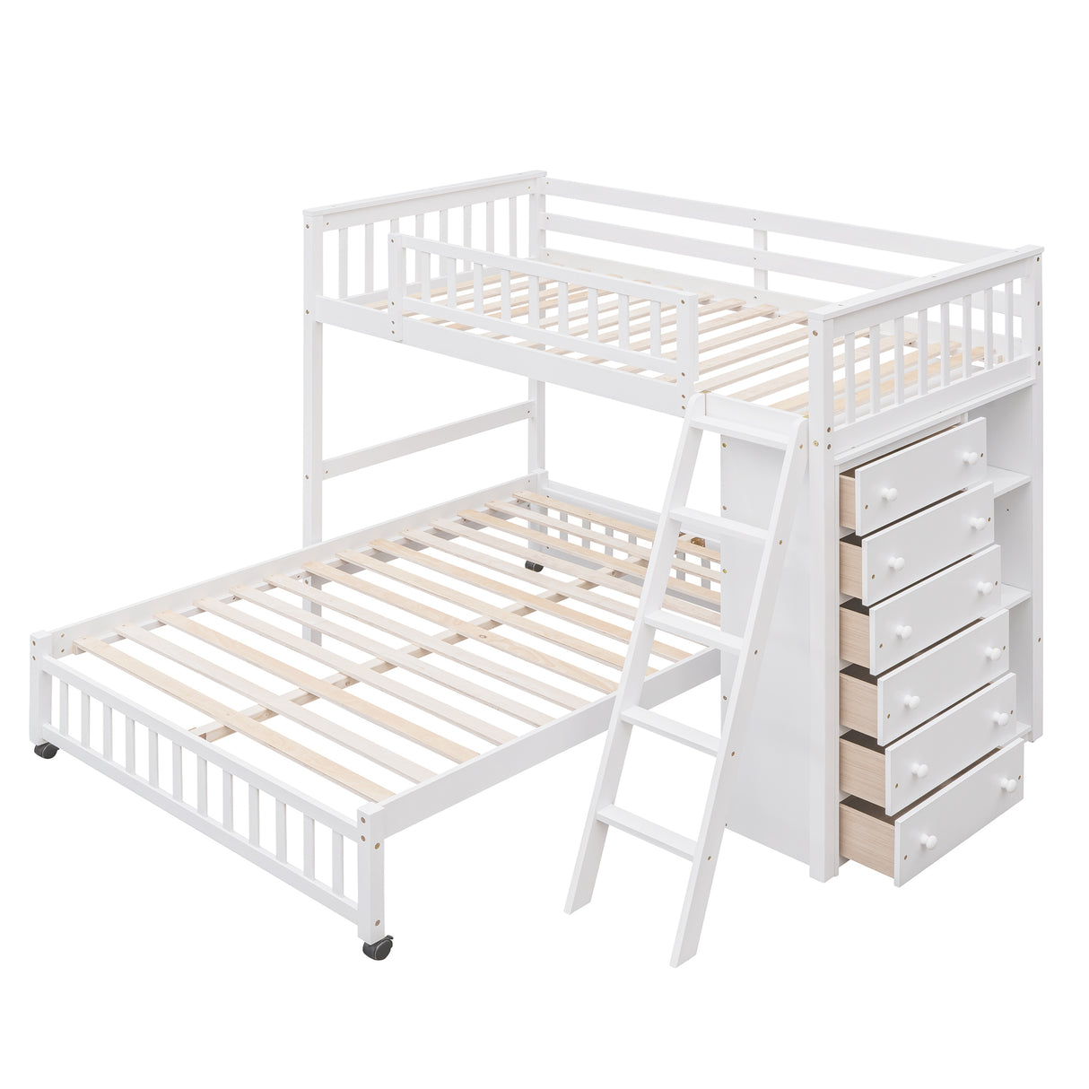 Wooden Twin Over Full Bunk Bed With Six Drawers And Flexible Shelves,Bottom Bed With Wheels,White(OLD SKU:LP000531AAK) - Home Elegance USA