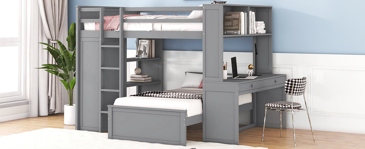 Full size Loft Bed with a twin size Stand-alone bed, Shelves,Desk,and Wardrobe-Gray - Home Elegance USA