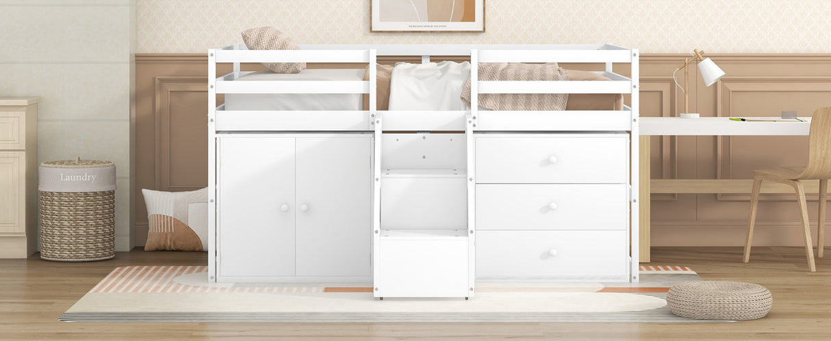 Full Size Functional Loft Bed with Cabinets and Drawers, Hanging Clothes at the back of the Staircase, White - Home Elegance USA