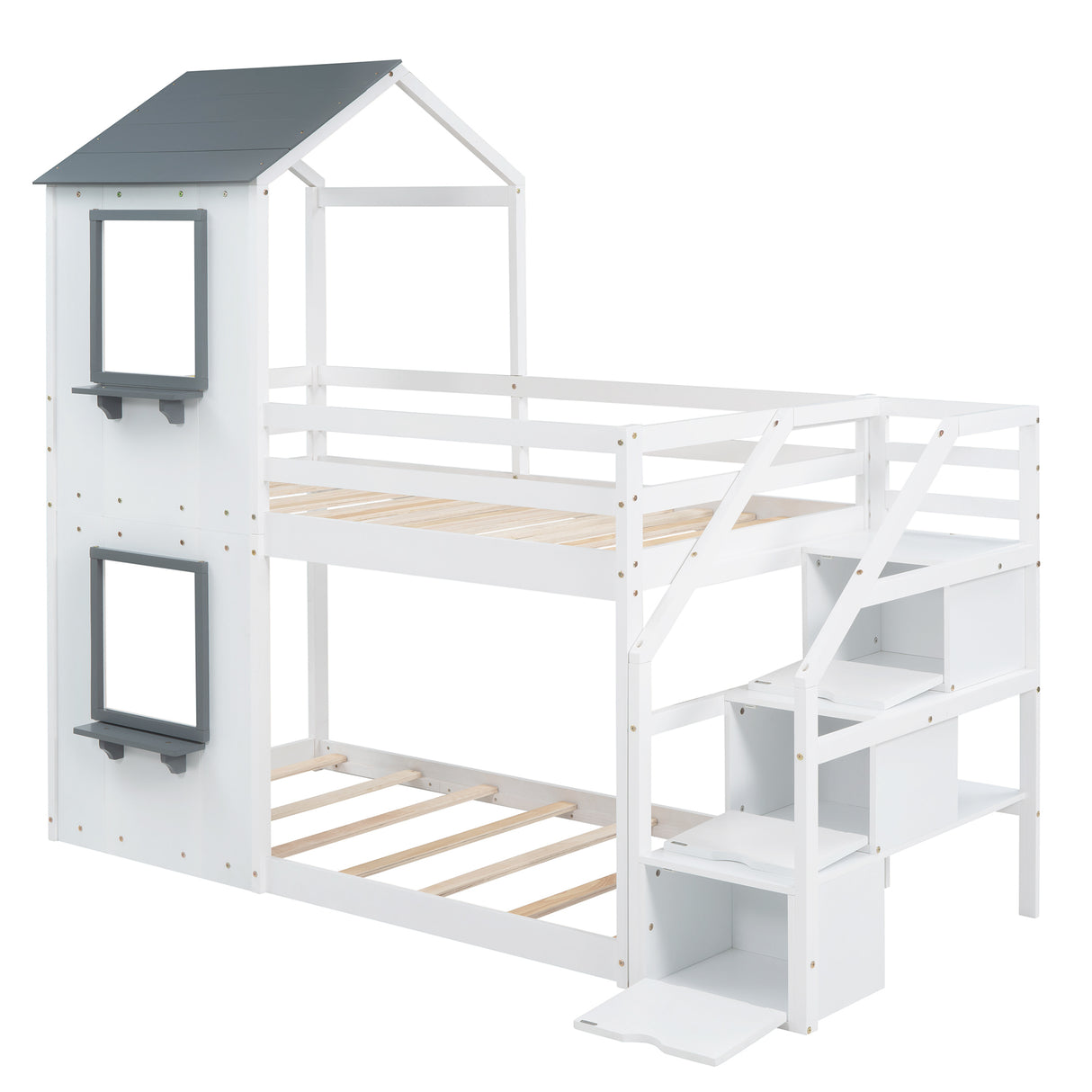 Twin Over Twin Bunk Bed with Storage Stairs,Wood Bed with Roof, Window, Guardrail, Ladder，White - Home Elegance USA