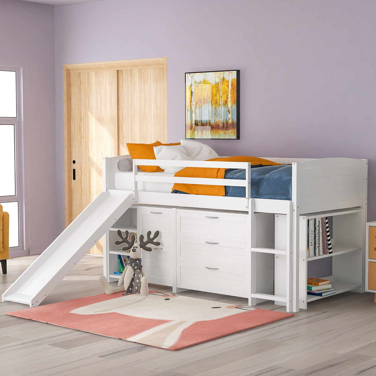 Low Twin Size Loft Bed with Cabinets, Shelves and Slide - White(OLD SKU :LP000503AAK)