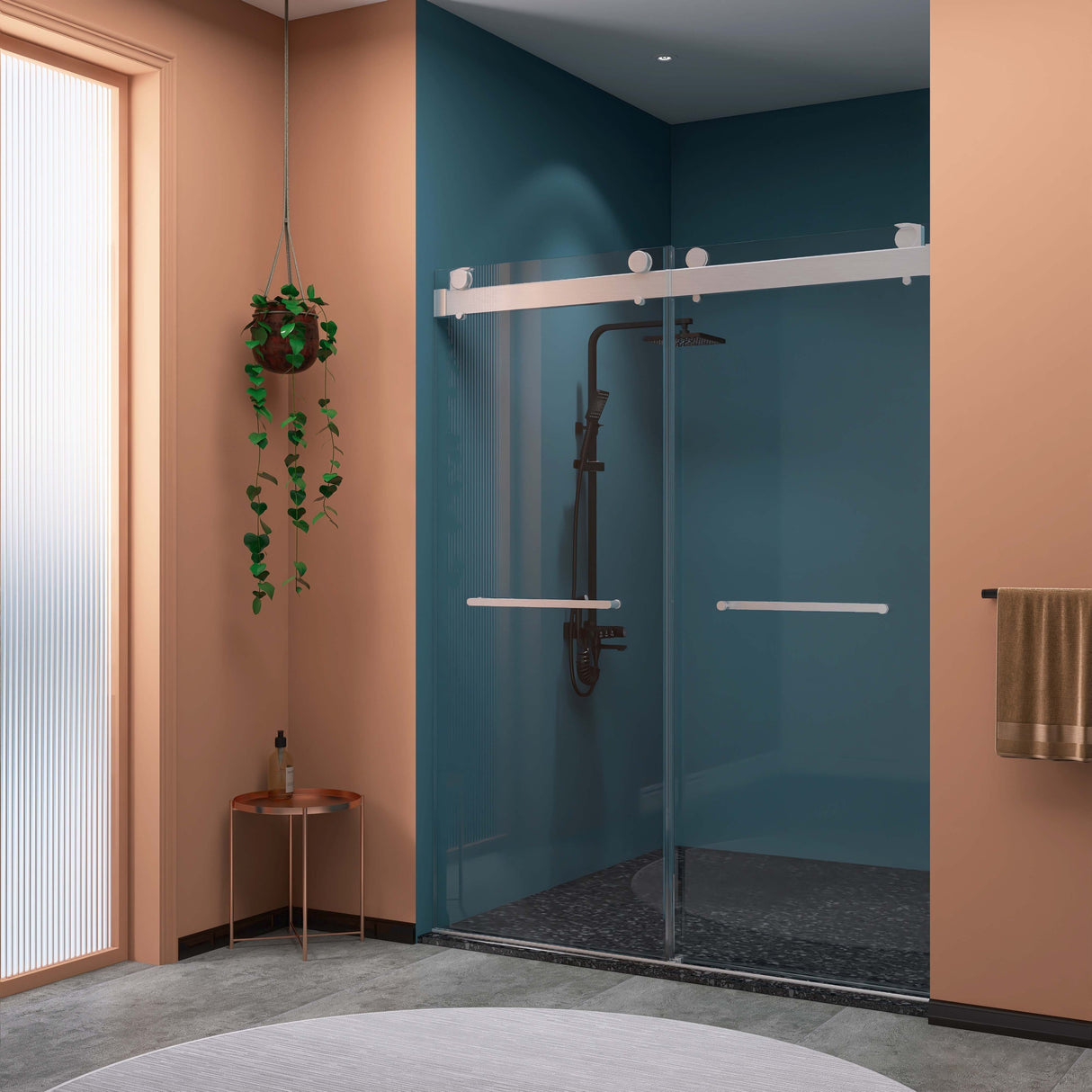 Frameless Double Sliding Shower, 57" - 60" Width, 79" Height, 3/8" (10 mm) Clear Tempered Glass, , Designed for Smooth Door with Clear Tempered Glass and Stainless Steel Hardware Brushed Nickel