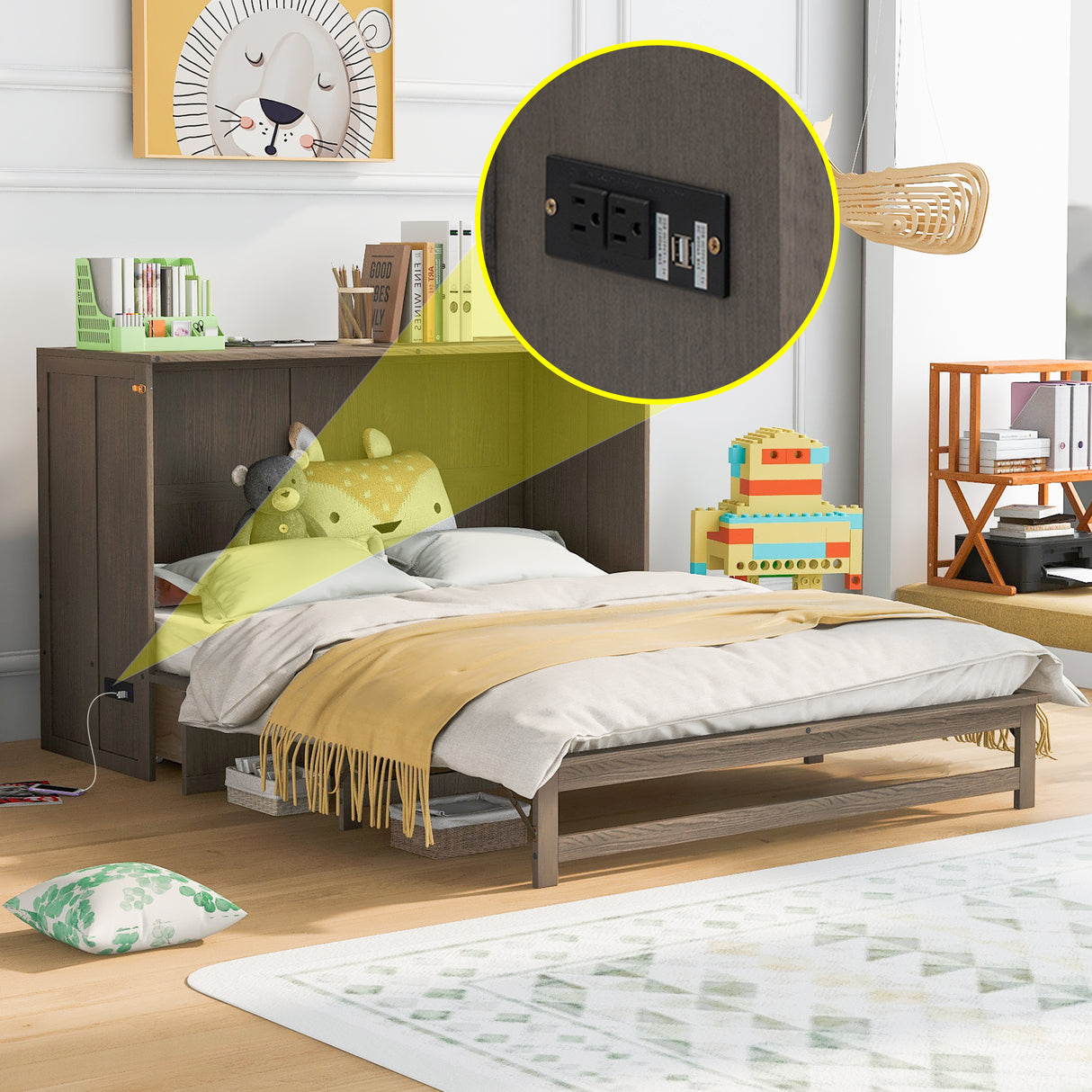 Queen Size Murphy Bed with Built-In Charging Station, Antique Grey(Expected Arrival Time: 8.9) - Home Elegance USA