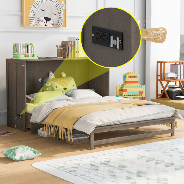 Queen Size Murphy Bed with Built-In Charging Station, Antique Grey(Expected Arrival Time: 8.9) - Home Elegance USA