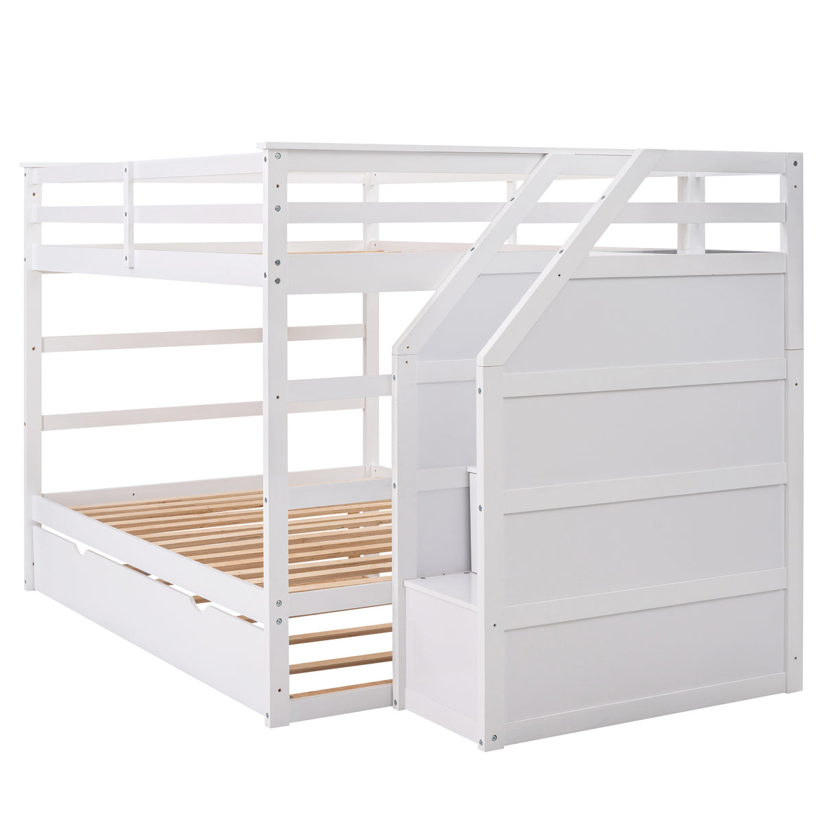 Full-over-Full Bunk Bed with Twin Size Trundle and 3 Storage Stairs,White - Home Elegance USA