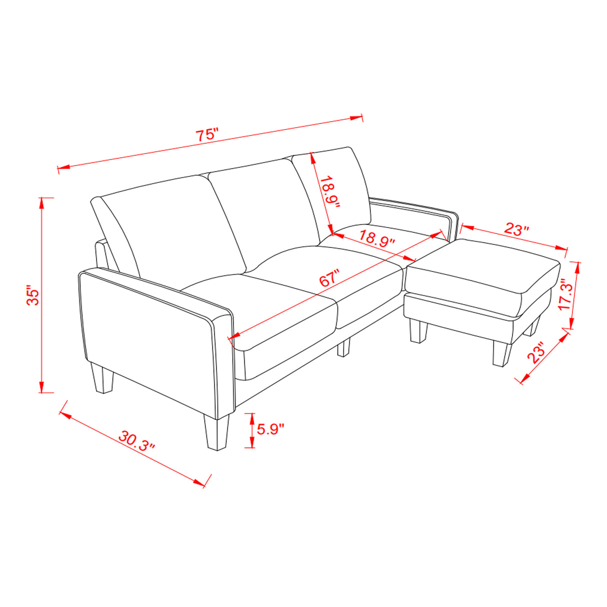 Modern Living Room Furniture L Shape Sofa with Ottoman in Dark Grey Fabric Home Elegance USA