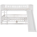 Bunk Bed with Slide,Full Over Full Low Bunk Bed with Fence and Ladder for Toddler Kids Teens White