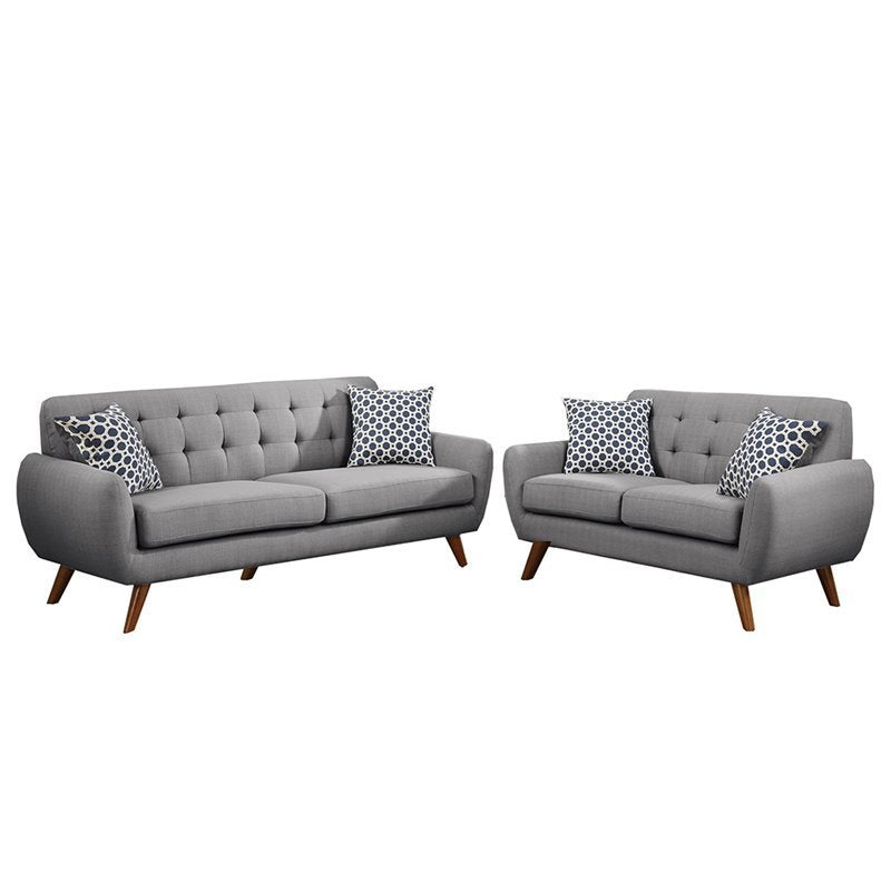 Grey Polyfiber Sofa And Loveseat 2pc Sofa Set Living Room Furniture Plywood Tufted Couch Pillows Home Elegance USA