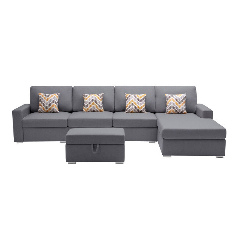 Nolan Gray Linen Fabric 5Pc Reversible Sofa Chaise with Interchangeable Legs, Storage Ottoman, and Pillows - Home Elegance USA