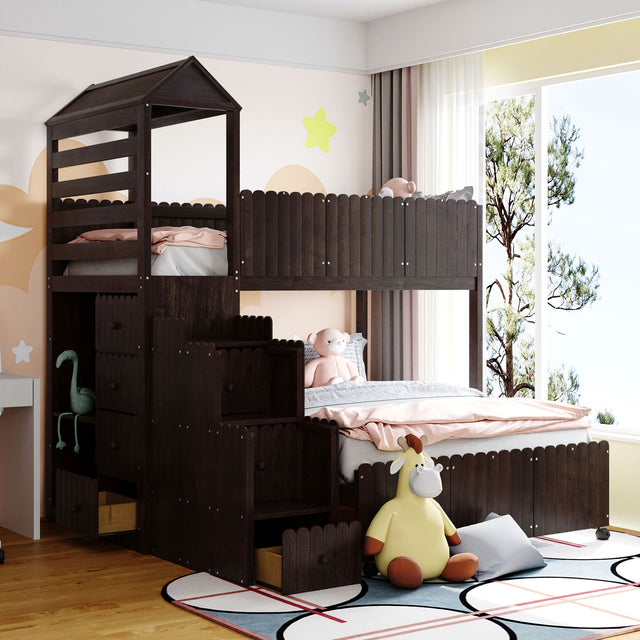 Stairway Twin Over Full Bunk Bed, House Bed with Two Shelves and Seven Drawers,Espresso - Home Elegance USA