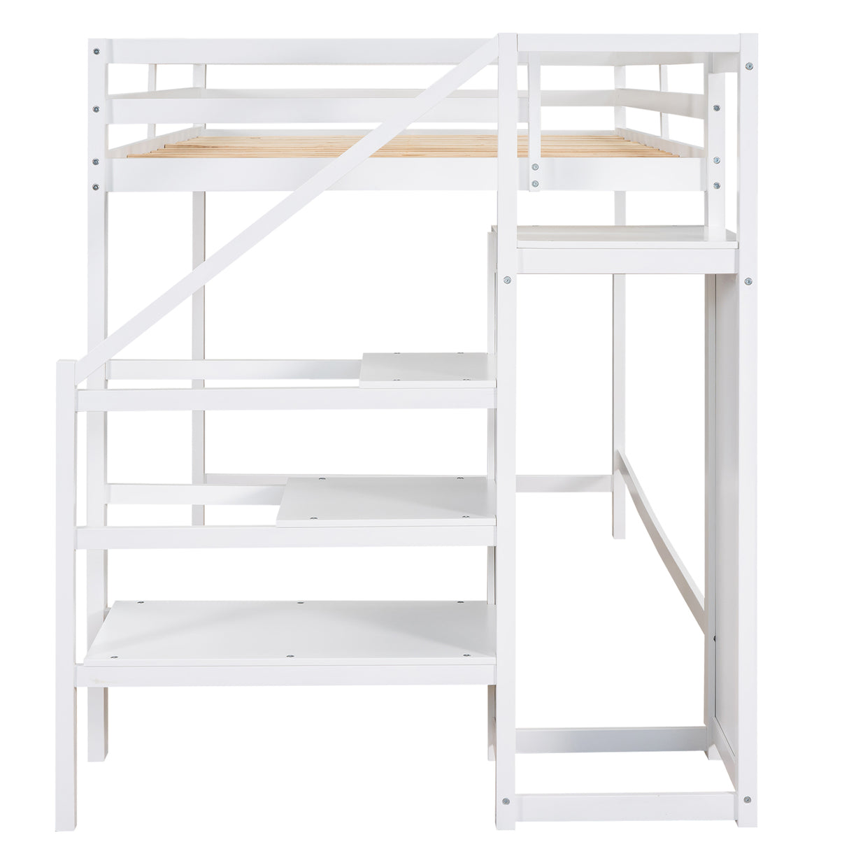 Full Size Loft Bed with Built-in Storage Wardrobe and Staircase,White - Home Elegance USA