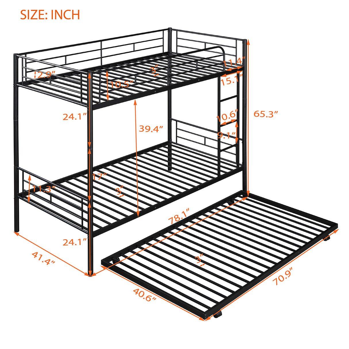 Twin-Over-Twin Metal Bunk Bed With Trundle,Can be Divided into two beds,No Box Spring needed ,Black ( old sku: MF194806AAB ) - Home Elegance USA