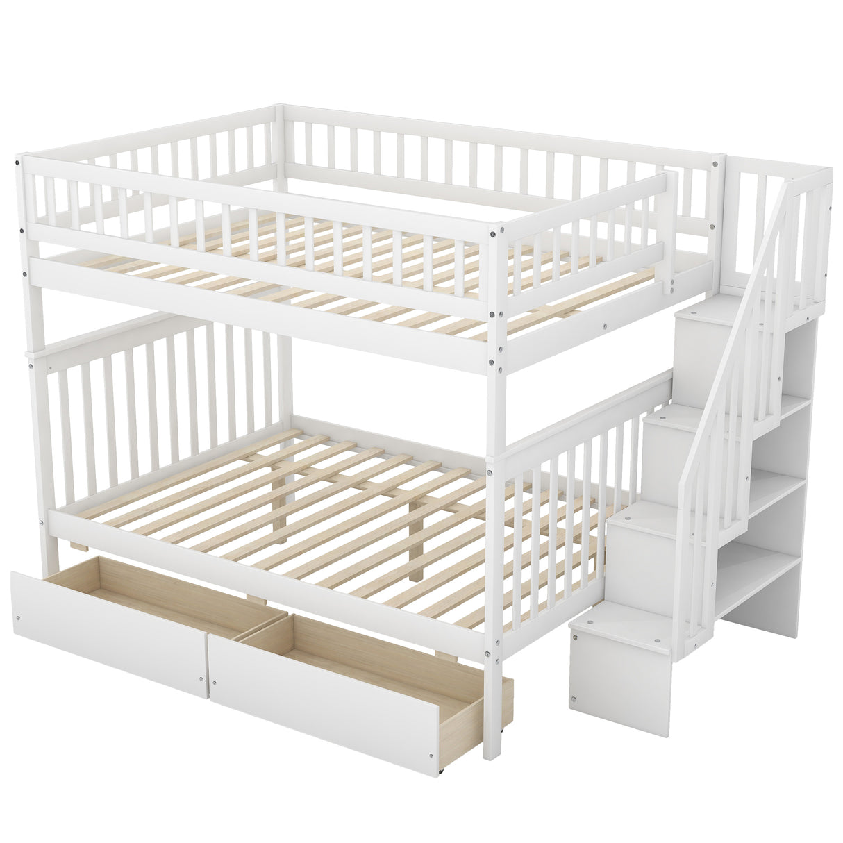 Full over Full Bunk Bed with Two Drawers and Storage, White - Home Elegance USA