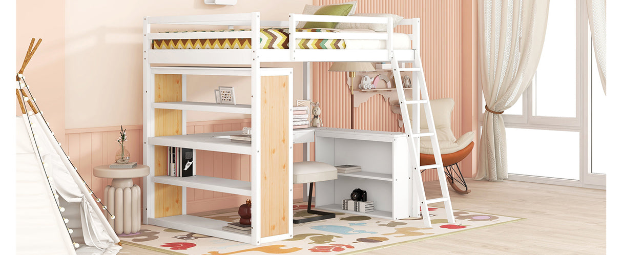 Full Size Loft Bed with Ladder, Shelves, and Desk, White - Home Elegance USA