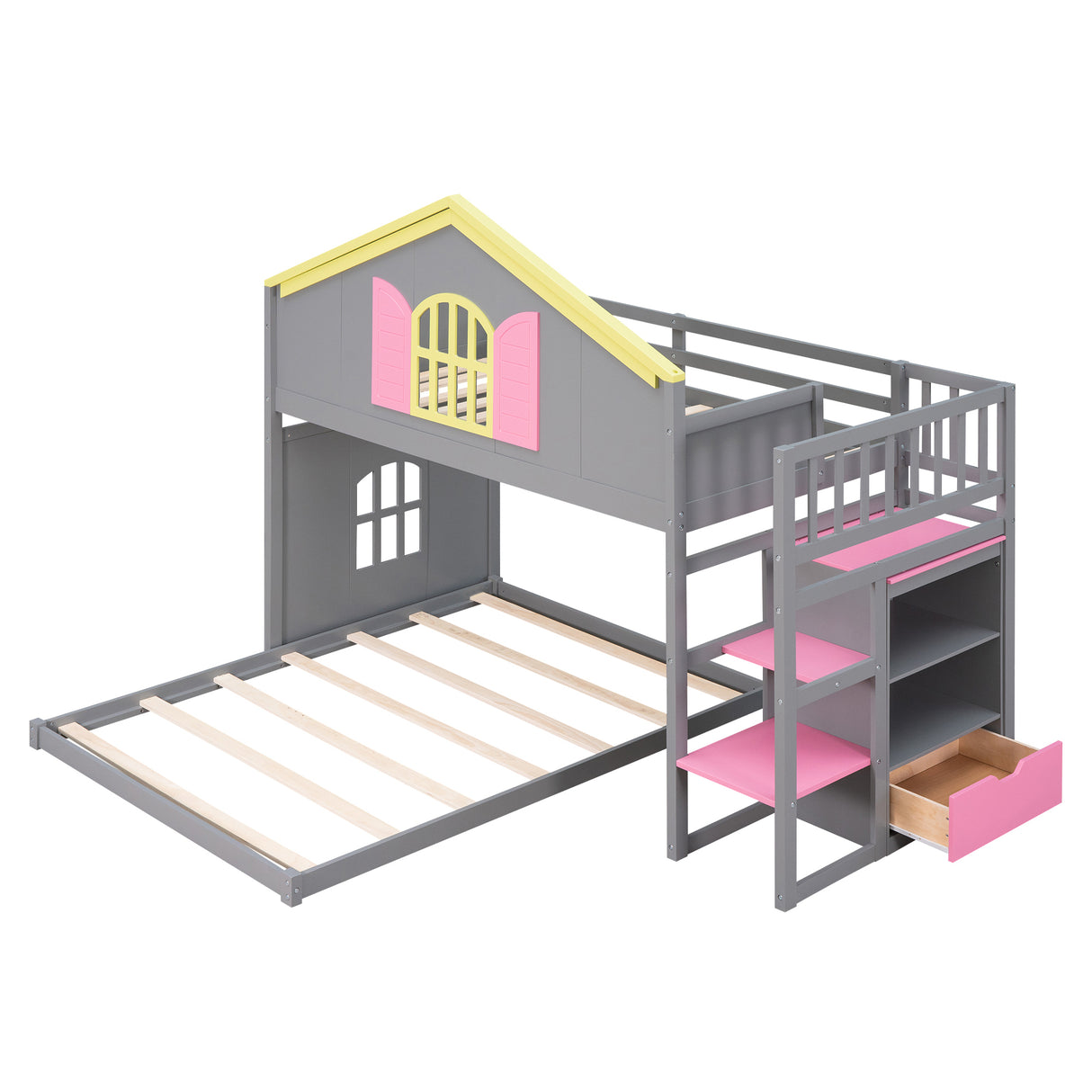 Twin over Full House Bunk Bed with Pink Staircase and Drawer,  Shelves Under the Staircase, House Shaped Bed with Windows, Gray - Home Elegance USA